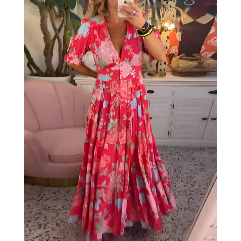 Carine - Blomsterprintet lommekjole med V-hals