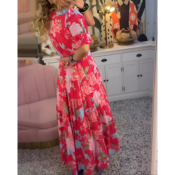 Carine - Blomsterprintet lommekjole med V-hals