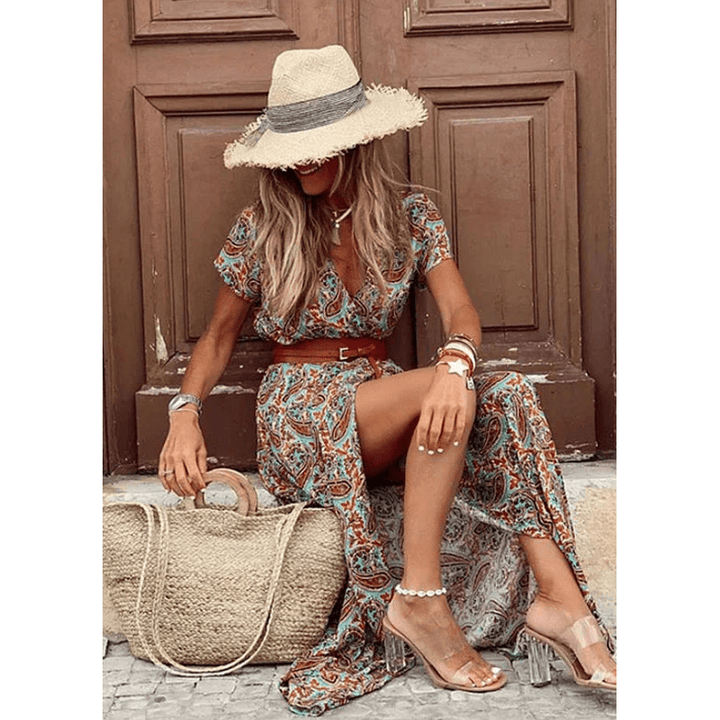 Maiken - Lang boheme-kjole med plisseret talje