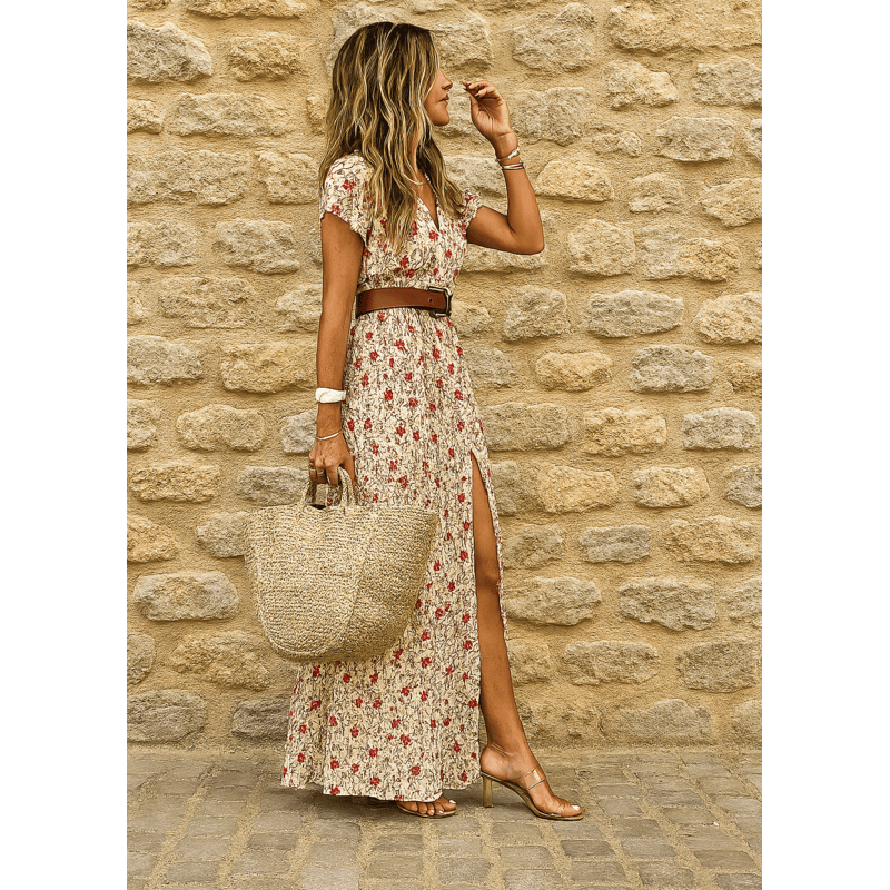 Maiken - Lang boheme-kjole med plisseret talje