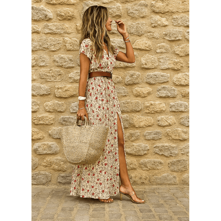 Maiken - Lang boheme-kjole med plisseret talje