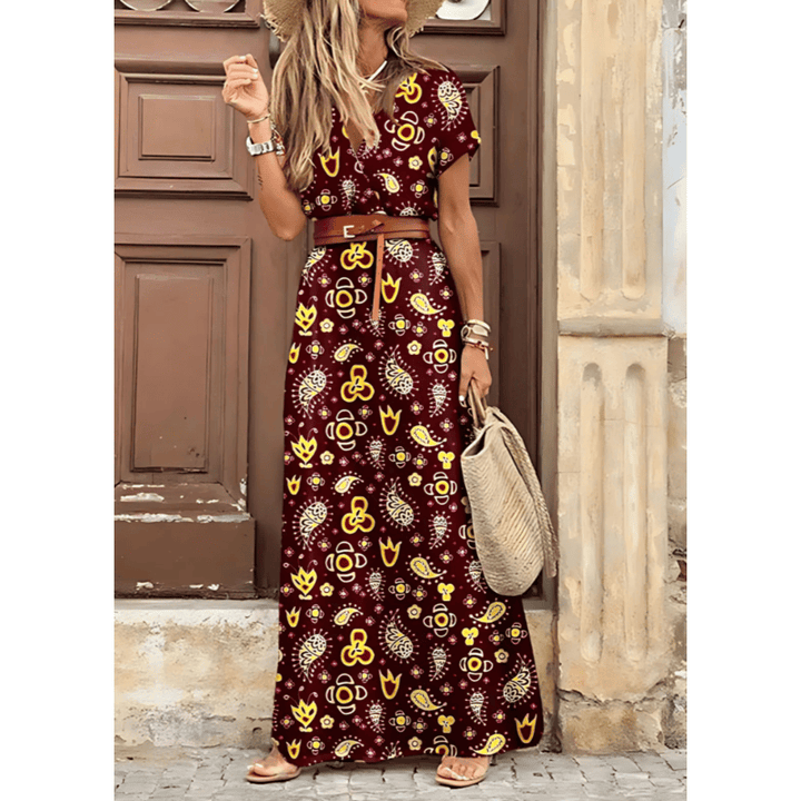 Maiken - Lang boheme-kjole med plisseret talje