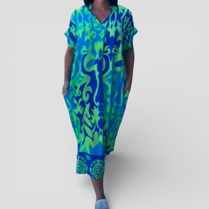 Alma - Afslappet elegant printet kjole med V-hals til kvinder