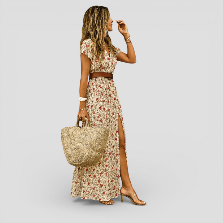 Maiken - Lang boheme-kjole med plisseret talje