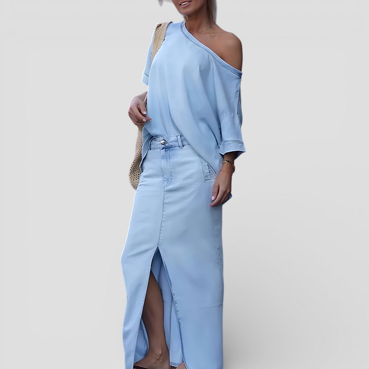 Sif - Diagonal skuldertop med split denim maxi nederdel