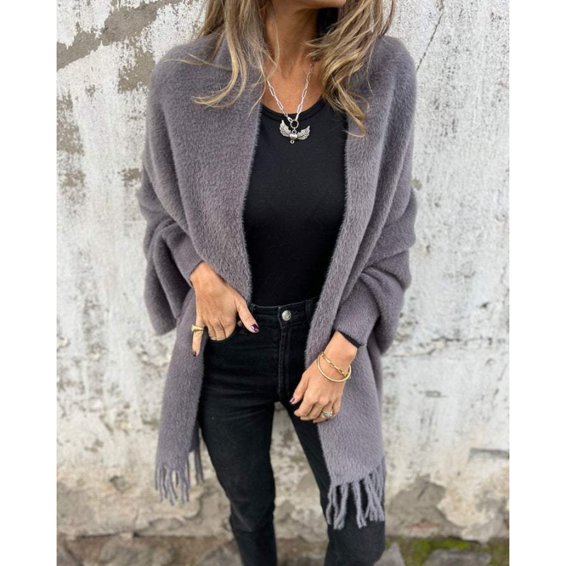 Aurora - Afslappet langærmet kappe med frynser