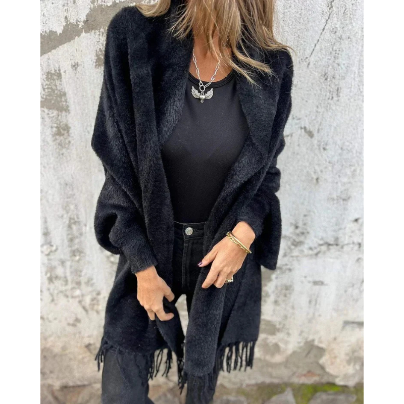 Aurora - Afslappet langærmet kappe med frynser