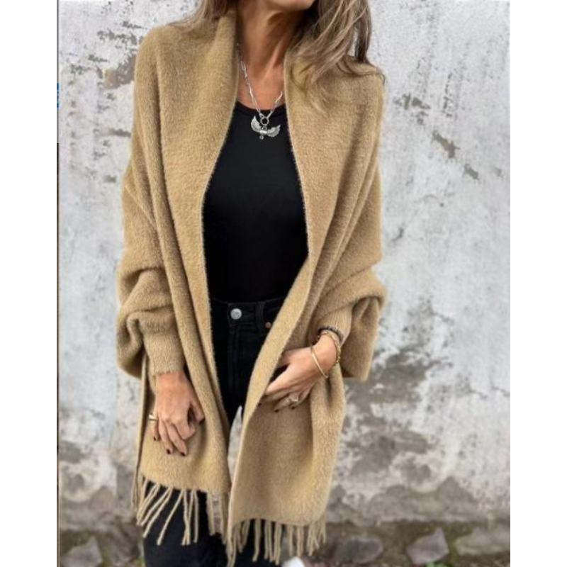 Aurora - Afslappet langærmet kappe med frynser