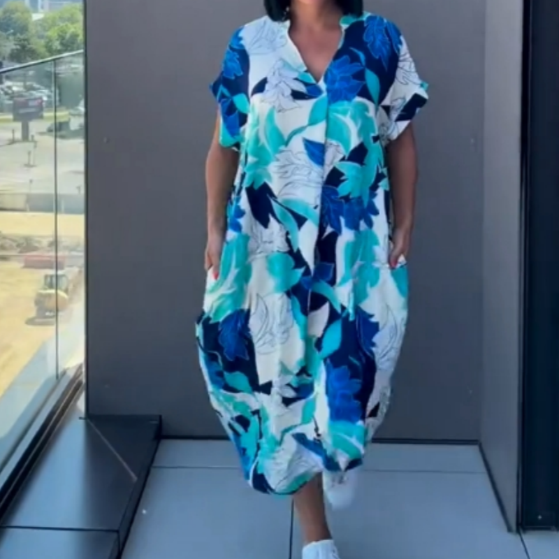 Alma - Afslappet elegant printet kjole med V-hals til kvinder