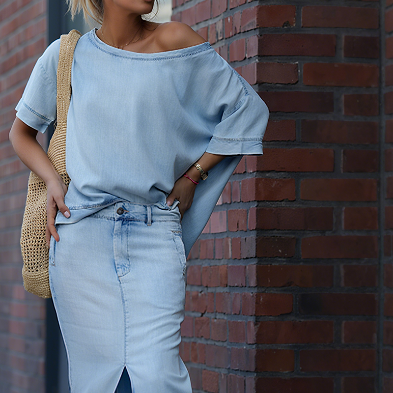 Sif - Diagonal skuldertop med split denim maxi nederdel