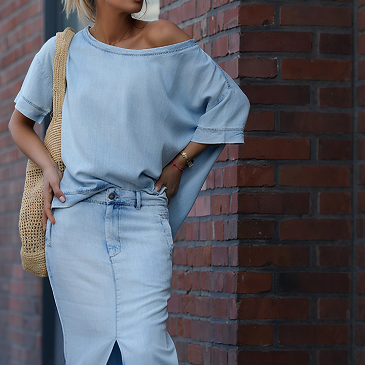 Sif - Diagonal skuldertop med split denim maxi nederdel