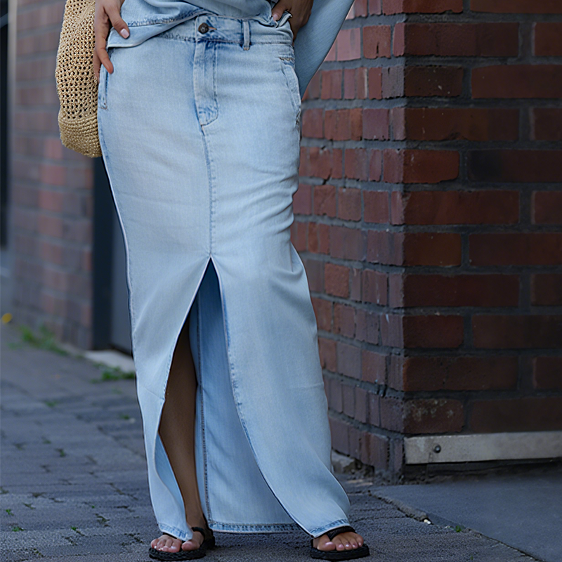 Sif - Diagonal skuldertop med split denim maxi nederdel